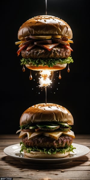 (8k, 3D, UHD, highly detailed, masterpiece) 1 biggest  giant hamburger, ((very Delicious:1.5)),Intricately detailed, intricate complexity, 8k resolution, octane render, hdr+, photoreal, hyperreal,

(more explosions:1)
Exploding scenes, 