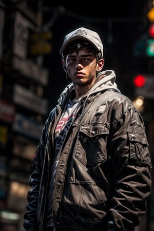 Masterpiece, 8k, 16k, high_resolution phone wallpaper, realistic, photorealistic, RAW photo, night street with soft neon lights, a homeless misaligned brunnette boy with Brown eyes 19yo, wearing a ruined jeans and a hoodie jacket,(((ruined clothes and dirty clothes))), upper_body,Urban techwear, (dirty face)