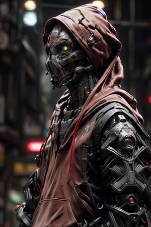 Masterpiece, 8k, 16k, high_resolution phone wallpaper, realistic, photorealistic, RAW photo, (((((male humanoid android, using human clothes, wearing a dirty deep red hoodie with the hood on)))), ruined robotic body, detailed (((white))) robot head and detailed eyes, sci-fi, ((detailed complex futuristic ((night)) soft neon lights street background)), dramatic light ,Urban techwear, mech ,cyberpunk robot, robotic eyes, head down, two eyes, symmetrical face