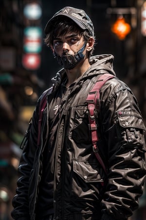 Masterpiece, 8k, 16k, high_resolution phone wallpaper, realistic, photorealistic, RAW photo, cyberpunk, sci-fi, night street with soft neon lights, a homeless misaligned brunnette boy with Brown eyes 19yo, wearing a ruined jeans and a hoodie jacket,(((ruined clothes and dirty outfit), upper_body, Urban techwear, (detailed dirty face),Outfit