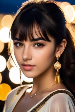 Awardwinning photo, dynamic photo of woman front bangs, 18 years old, egyptian, gold, earrings, bracelets, silk, 8k uhd, dslr, soft lighting, high quality, film grain, Fujifilm XT3, high quality photography, 3 point lighting, flash with softbox, 4k, Canon EOS R3, hdr, smooth, sharp focus, high resolution, award winning photo, 80mm, f2.8, bokeh, (Highest Quality, 4k, masterpiece, Amazing Details:1.1), film grain, Fujifilm XT3, photography,