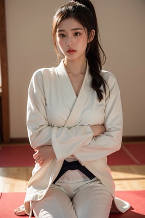 1girl, wearing a traditional judo suit, long straight dark wavy hair, high ponytail,(natural breasts), (sad face expression:1.4), (blushed face), she is in agony, in a traditional judo dojo, down light, direct light, stiff nipples