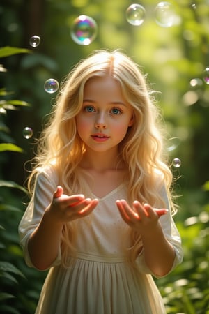 Beauty, realism, cinematography, chiaroscuro, rays of light, play of shadow and light, cinematic quality, cinematic style. 
"A young girl with long blonde hair and big blue eyes, delicately playing with soap bubbles in a serene outdoor setting. The sunlight softly illuminates her face, creating a gentle glow and highlighting the shimmering bubbles around her. The background is slightly blurred with lush green foliage, adding depth and focus to the girl’s expression of wonder and innocence. The atmosphere is magical and serene, capturing the fleeting beauty of childhood in a realistic, high-detail, and slightly dreamy photographic style."
