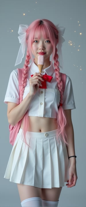 A cinematic reality film scene unfolds: a voluptuous Korean sexy beauty model, with oversized blue eyes and a gorgeous face, stands solo against a grey background. Her long, pink-haired braids are tied with hair bows, adorned with ahoges. She wears a white serafuku uniform with a pleated skirt, thigh-highs, and a red bow on her backpack. In one hand, she holds a popsicle, while in the other, a strawberry ice cream cone reflects off her thigh-high boots. Her detailed features, from blush to navel, are captured in stunning focus against a misty backdrop, as sparks of light dance across her face. The soft lighting and depth of field create a sense of intimacy, drawing the viewer's attention to her smiling, idolic beauty., ct-virtual_jisoo, ct-jissoo