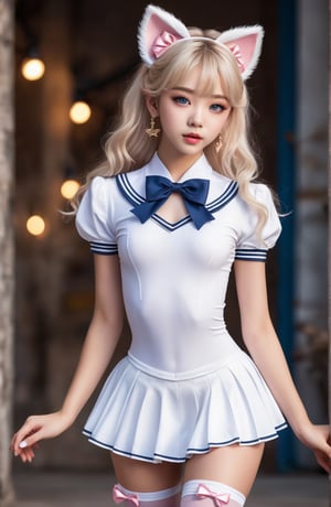 
(((Masterpiece))), 1girl, super detailed, hyperrealistic face, (flirtatious expression), white leotard with a pleated skirt, choker, sailor collar, a bow on the back of the waist, circlet, earrings, a bow and brooch on the chest, white elbow gloves, luminescent cat ears, ((super cute face)), ((angelic face)), ((incredibly beautiful eyes)), (luminous blue eyes), (full body), pink boots, (luminous hair), blonde hair, super sexy hair, (delicate and perfect hands), (perfect anatomy), super delicate and sexy body, sexy pose, ((ulzzang)), (super thin face), delicate features, ultra detailed, best quality, cinematic lighting, captivating beauty, sexy look, beautiful star background
