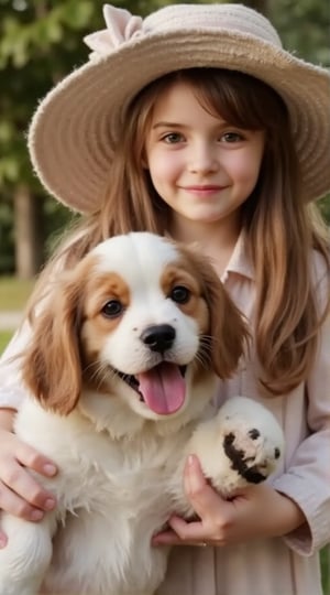 A cute little girl with big green eyes, florish large hat, smiling to camera, hugging a cute puppy. Ultra realistic photo.