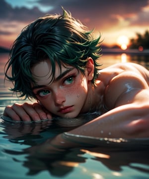 ((masterpiece)),((highestquality)),((8k)),((ultra-detailed)), 1boy, realistic, shiny body, posing, underwater, water surface, sunset, naked, cowboy shot, deku,1boy,solo,male focus,green hair,green eyes,short hair,freckles,my hero academia, laying_down 