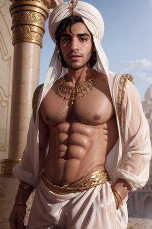 aladdin(prince Ali) Mena Massoud , solo, white turban, white arabian clothes(see-through), big bulge, Gold jewelry, shirtless(hairy chest), daylight, (detailed background), depth of field, intricate details, 8k, detailed skin texture, detailed face, realistic eyes, male focus, photo of a man,