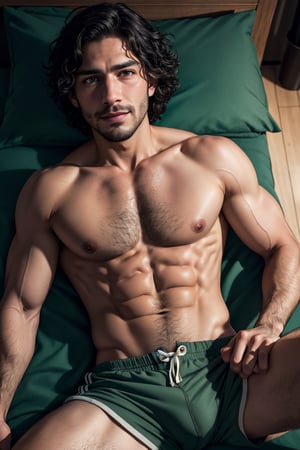 BrunoMadrigal,  1guy,  shirtless,  green eyes,  sport shorts, bulge, smirk,  laying_down,  bed, masterpiece,  highres,  sharp focus,  cinematic lighting,  detailed face,  detailed eyes, realistic, intricate details, detailed background, depth of field, brown eyes