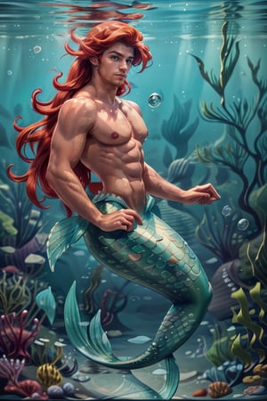 Disney, Ariel genderbend, red hair, man submerged underwater, coral reef, air bubble, dynamic pose, floating hair,nude, (Mermaid tail:1.4), best quality, masterpiece, realistic, cinematic composition, (detailed background), depth of field, intricate details, 8k, detailed skin texture, detailed face, realistic eyes, male focus, photo of a man