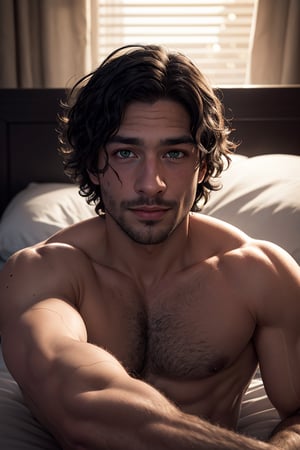 BrunoMadrigal,  1guy,  shirtless,  green eyes,  open sport shorts, big bulge, smirk,  laying_down,  bed, masterpiece,  highres,  sharp focus,  cinematic lighting,  detailed face,  detailed eyes, realistic, intricate details, detailed background, depth of field, glowing eyes