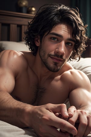 BrunoMadrigal,  1guy,  shirtless,  green eyes,  sport shorts, bulge, smirk,  laying_down,  bed, masterpiece,  highres,  sharp focus,  cinematic lighting,  detailed face,  detailed eyes, realistic, intricate details, detailed background, depth of field,