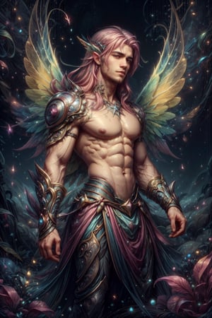 Raw, ,DonMF41ryW1ng5, magical, (a boy, male focus), long hair, detailed handsome face, fairy wings, translucent wings, yellow theme, casting magic, magic swirls, open tunic, pink hair, toned, futuristic, surreal, Brenton Thwaites