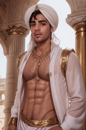 aladdin(prince Ali) Mena Massoud , solo, white turban, white arabian clothes, Gold jewelry, shirtless(hairy chest), daylight, (detailed background), depth of field, intricate details, 8k, detailed skin texture, detailed face, realistic eyes, male focus, photo of a man,