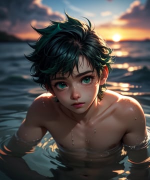 ((masterpiece)),((highestquality)),((8k)),((ultra-detailed)), 1boy, realistic, shiny body, posing, underwater, water surface, sunset, naked, upper body shot, deku,1boy,solo,male focus,green hair,green eyes,short hair,freckles,my hero academia, show butt