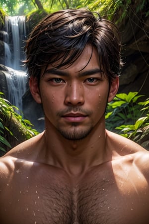 southeast asian man, in a tropical rainforest obscured by trees and plants, sweaty, nude, medium messy hair, looking at viewer, dynamic pose, face portrait, waterfall, vine, ivy, overgrown, penis,, best quality, masterpiece, realistic, cinematic composition, (detailed background), depth of field, intricate details, 8k, detailed skin texture, detailed face, realistic eyes, male focus, photo of a man