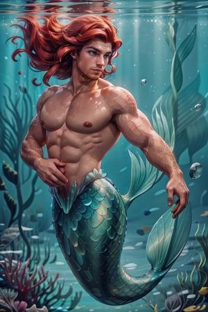 Disney, Ariel genderbend, red hair, man submerged underwater, coral reef, air bubble, dynamic pose, floating hair,nude, (Mermaid tail:1.4), best quality, masterpiece, realistic, cinematic composition, (detailed background), depth of field, intricate details, 8k, detailed skin texture, detailed face, realistic eyes, male focus, photo of a man, face shot