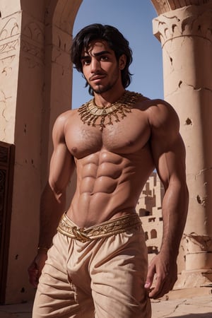 aladdin Mena Massoud, broad shoulders, solo, (hairy chest), nipples, arabian clothes,bulge, daylight, Agrabah, (detailed background), depth of field, intricate details, 8k, detailed skin texture, detailed face, realistic eyes, male focus, photo of a man,