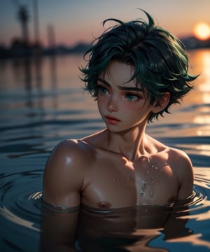 ((masterpiece)),((highestquality)),((8k)),((ultra-detailed)), 1boy, realistic, shiny body, posing, underwater, water surface, sunset, naked, cowboy shot, deku,1boy,solo,male focus,green hair,green eyes,short hair,freckles,my hero academia, show ass, mature, 25 years old