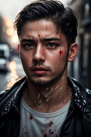 Epic composition, dynamic pose, (masterpiece, best quality), 2boy, 30 year old, chav, rough, dirty, mean, bully, druggie, two boys fist fighting, blood splatter, (streets), rain splashing raindrops puddles, realistic, dramatic lighting, atmospheric, intricate detail, Photorealistic, hyperdetailed, life-like, sharp focus, ((detailed realistic skin, life-like detailed realistic face)),