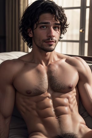 BrunoMadrigal,  1guy,  shirtless,  green eyes,  naked, big bulge, smirk,  laying_down,  bed, masterpiece,  highres,  sharp focus,  cinematic lighting,  detailed face,  detailed eyes, realistic, intricate details, detailed background, depth of field, glowing eyes