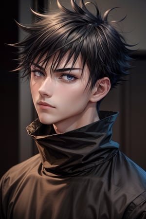 1boy 100% male_focus , solo , spiked_hair , frown , closed_mouth , black_eyes , black_hair , looking_at_viewer , face , blurry_background , v-shaped_eyebrows , close-up , bangs,fushiguro megumi