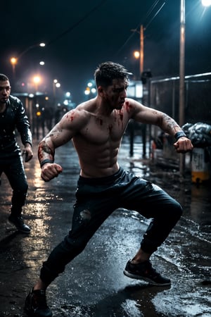 Epic composition, dynamic pose, (masterpiece, best quality), 2boy, 30 year old, chav, rough, dirty, mean, bully, druggie, two boys fist fighting, blood splatter, (streets), rain splashing raindrops puddles, realistic, dramatic lighting, atmospheric, intricate detail, Photorealistic, hyperdetailed, life-like, sharp focus, ((detailed realistic skin, life-like detailed realistic face)),
Shirtless 