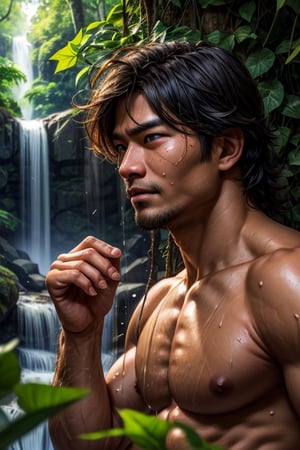 southeast asian man, in a tropical rainforest obscured by trees and plants, sweaty, nude, medium messy hair, looking at viewer, dynamic pose, face portrait, waterfall, vine, ivy, overgrown, penis,, best quality, masterpiece, realistic, cinematic composition, (detailed background), depth of field, intricate details, 8k, detailed skin texture, detailed face, realistic eyes, male focus, photo of a man