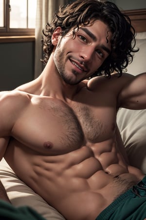 BrunoMadrigal,  1guy,  shirtless,  green eyes,  open sport shorts, bulge, smirk,  laying_down,  bed, masterpiece,  highres,  sharp focus,  cinematic lighting,  detailed face,  detailed eyes, realistic, intricate details, detailed background, depth of field, brown eyes