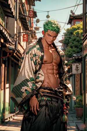 1boy, samurai, toned, cowboy_shot, cherry, wearing open Yukata, blossom pathway ,Zoro, scar across eye, green hair, short hair, show abs, nipples,
realistic, masterpiece, intricate details, detailed background, depth of field,HIGHLY DETAILED,perfecteyes