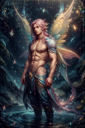 Raw, ,DonMF41ryW1ng5, magical, (a boy, male focus), long blue hair, standing naked in the water, detailed handsome face, fairy wings, translucent wings, yellow theme, casting magic, magic swirls, open tunic, pink hair, toned, futuristic, surreal, 