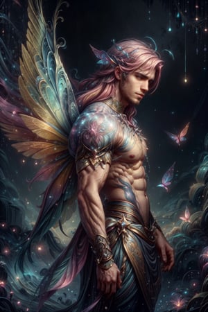 Raw, ,DonMF41ryW1ng5, magical, (a boy, male focus), long hair, detailed handsome face, fairy wings, translucent wings, yellow theme, casting magic, magic swirls, open tunic, pink hair, toned, futuristic, surreal, Brenton Thwaites