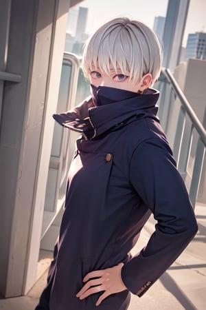 (masterpiece, best quality:1.2),cowboy shot, solo, male focus, 1boy, inumaki toge, covered mouth, looking at viewer, hand on hip, white hair, school uniform, black jacket, high collar, long sleeves