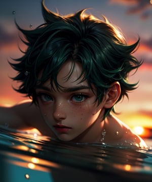 ((masterpiece)),((highestquality)),((8k)),((ultra-detailed)), 1boy, realistic, shiny body, posing, underwater, water surface, sunset, naked, cowboy shot, deku,1boy,solo,male focus,green hair,green eyes,short hair,freckles,my hero academia, show ass, laying_down 