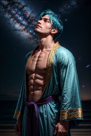 1boy, gorgeous, delicate, blue hair, wearing intricate light blue robe, barefoot, looking up into sky, standing in the middle of the ocean, beautiful aquamarine eyes, sky is galaxy and stars, shooting meteorites, longing, galaxy, nebula, milky way, dynamic pose, bright and vibrant night sky,, best quality, masterpiece, realistic, cinematic composition, (detailed background), depth of field, intricate details, 8k, detailed skin texture, detailed face, realistic eyes, male focus, photo of a man, upper body shot