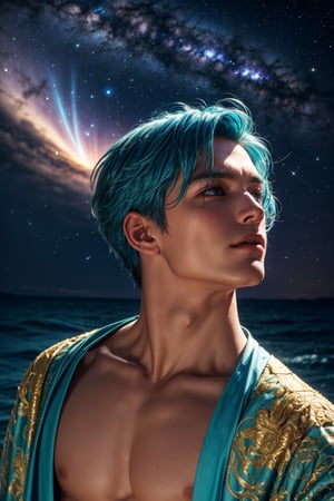 1boy, gorgeous, delicate, blue hair, wearing intricate light blue robe, barefoot, looking up into sky, standing in the middle of the ocean, beautiful aquamarine eyes, sky is galaxy and stars, shooting meteorites, longing, galaxy, nebula, milky way, dynamic pose, bright and vibrant night sky,, best quality, masterpiece, realistic, cinematic composition, (detailed background), depth of field, intricate details, 8k, detailed skin texture, detailed face, realistic eyes, male focus, photo of a man, upper body shot, shirtless, 