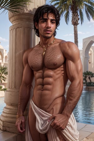 aladdin(prince Ali) Mena Massoud , solo, low rise white arabian clothes(see-through), Gold jewelry, shirtless, hairy chest, daylight, (detailed background), oasis, palm-tree lake, fountain, depth of field, intricate details, 8k, detailed skin texture, detailed face, realistic eyes, male focus, photo of a man,hairy