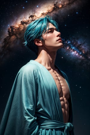 1boy, gorgeous, delicate, blue hair, wearing intricate light blue robe, barefoot, looking up into sky, standing in the middle of the ocean, beautiful aquamarine eyes, sky is galaxy and stars, shooting meteorites, longing, galaxy, nebula, milky way, dynamic pose, bright and vibrant night sky,, best quality, masterpiece, realistic, cinematic composition, (detailed background), depth of field, intricate details, 8k, detailed skin texture, detailed face, realistic eyes, male focus, photo of a man, upper body shot