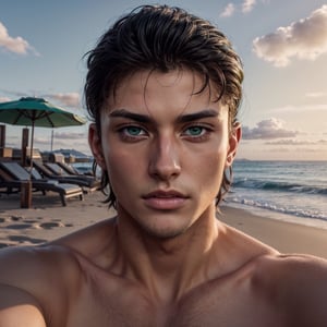 eren_jaeger, young man, 25 years old, muscular, solo, green eyes, looking at viewer, black hair, 1boy, closed mouth, male focus, outdoors, sky, cloud, portrait, sunset, front view, close-up, naked