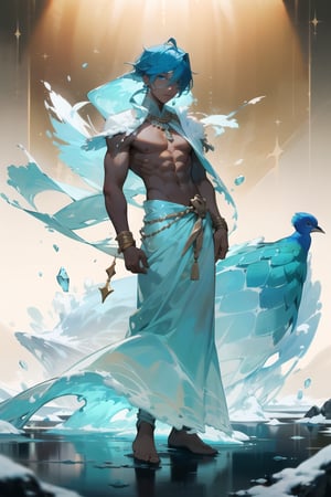 a full body shot photo of a handsome boy in liquid clothes standing on ice, 1boy, blue eyes, blue hair, braid, long hair, blue gemstone, dark skin, dark-skinned male, eyepatch, gem, gold trim, hair over shoulder, jewelry, earring, single earring, one eye covered, official alternate hairstyle, peacock feathers, arabian clothes, snow, shining ice, glaciers, ice particles, water partickes, wind, magic, bright light, sunlight, day, shirtless, muscular, male focus 
cinematic composition, depth of field, 4k, 8k, (masterpiece, ultra detailed face, detailed eyes), (two eyes, nose, mouth), best quality, high resolution, high quality