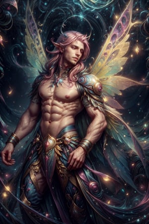 Raw, ,DonMF41ryW1ng5, magical, (a boy, male focus), long hair, detailed handsome face, fairy wings, translucent wings, yellow theme, casting magic, magic swirls, open tunic, pink hair, toned, futuristic, surreal.