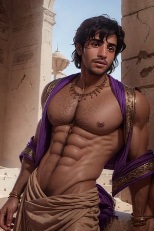 aladdin Mena Massoud, broad shoulders, solo, (hairy chest), nipples, arabian clothes, big bulge, daylight, (detailed background), depth of field, intricate details, 8k, detailed skin texture, detailed face, realistic eyes, male focus, photo of a man,