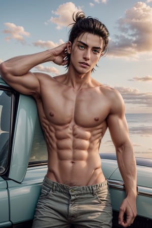 eren_jaeger, young man, 25 years old, muscular, solo, green eyes, looking at viewer, black hair, 1boy, closed mouth, male focus, outdoors, sky, cloud, portrait, sunset, front view, close-up, shirtless, navel hair, pants (open fly) 