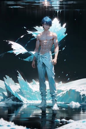 a full body shot photo of a handsome boy in liquid clothes standing on ice, snow, shining ice, glaciers, ice particles, water partickes, wind, magic, bright light, sunlight, day, shirtless 
cinematic composition, depth of field, 4k, 8k, (masterpiece, ultra detailed face, detailed eyes), (two eyes, nose, mouth), best quality, high resolution, high quality