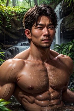 southeast asian man, in a tropical rainforest obscured by trees and plants, sweaty, nude, medium messy hair, looking at viewer, dynamic pose, face portrait, waterfall, vine, ivy, overgrown, penis,, best quality, masterpiece, realistic, cinematic composition, (detailed background), depth of field, intricate details, 8k, detailed skin texture, detailed face, realistic eyes, male focus, photo of a man