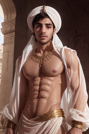 aladdin(prince Ali) Mena Massoud , solo, white turban, low rise white arabian clothes(see-through), Gold jewelry, shirtless, hairy chest, daylight, (detailed background), depth of field, intricate details, 8k, detailed skin texture, detailed face, realistic eyes, male focus, photo of a man,