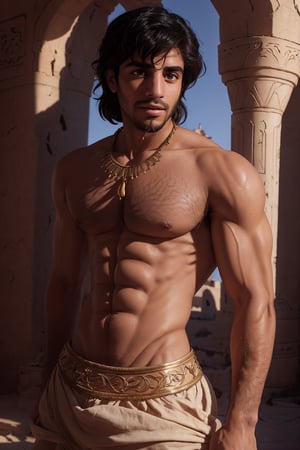 aladdin Mena Massoud, broad shoulders, solo, (hairy chest), nipples, low rise arabian clothes,bulge, daylight, Agrabah, (detailed background), depth of field, intricate details, 8k, detailed skin texture, detailed face, realistic eyes, male focus, photo of a man,