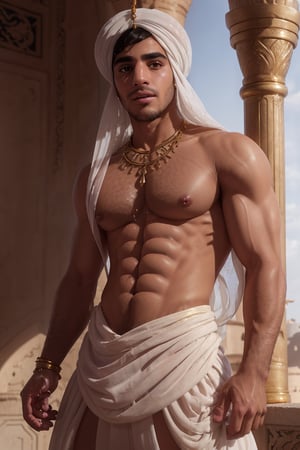 aladdin(prince Ali) Mena Massoud , solo, white turban, white arabian clothes low rise (see-through), big bulge, Gold jewelry, shirtless(hairy chest), daylight, (detailed background), depth of field, intricate details, 8k, detailed skin texture, detailed face, realistic eyes, male focus, photo of a man,