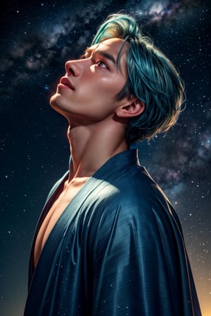 1boy, gorgeous, delicate, blue hair, wearing intricate light blue robe, barefoot, looking up into sky, standing in the middle of the ocean, beautiful aquamarine eyes, sky is galaxy and stars, shooting meteorites, longing, galaxy, nebula, milky way, dynamic pose, bright and vibrant night sky,, best quality, masterpiece, realistic, cinematic composition, (detailed background), depth of field, intricate details, 8k, detailed skin texture, detailed face, realistic eyes, male focus, photo of a man,