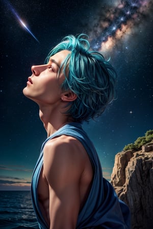 1boy, gorgeous, delicate, blue hair, wearing intricate light blue robe, barefoot, looking up into sky, standing in the middle of the ocean, beautiful aquamarine eyes, sky is galaxy and stars, shooting meteorites, longing, galaxy, nebula, milky way, dynamic pose, bright and vibrant night sky,, best quality, masterpiece, realistic, cinematic composition, (detailed background), depth of field, intricate details, 8k, detailed skin texture, detailed face, realistic eyes, male focus, photo of a man,